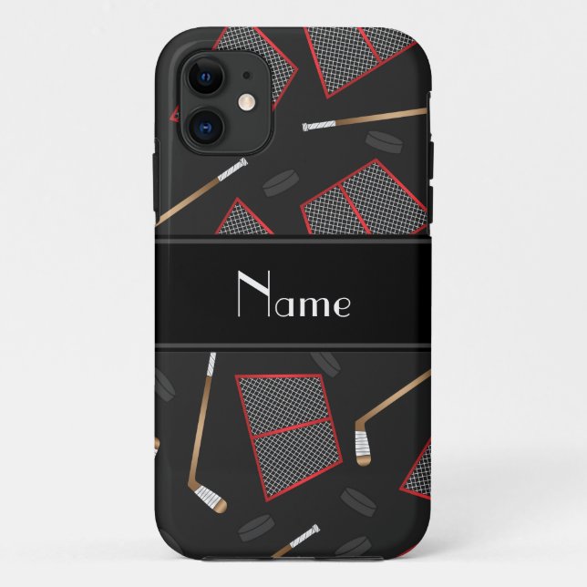 Custom name black hockey sticks pucks nets Case-Mate iPhone case (Back)