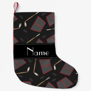 Custom name black hockey sticks pucks nets small christmas stocking