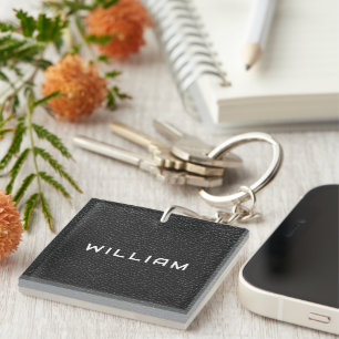 Custom Name Black Leather Finish Texture Keychain