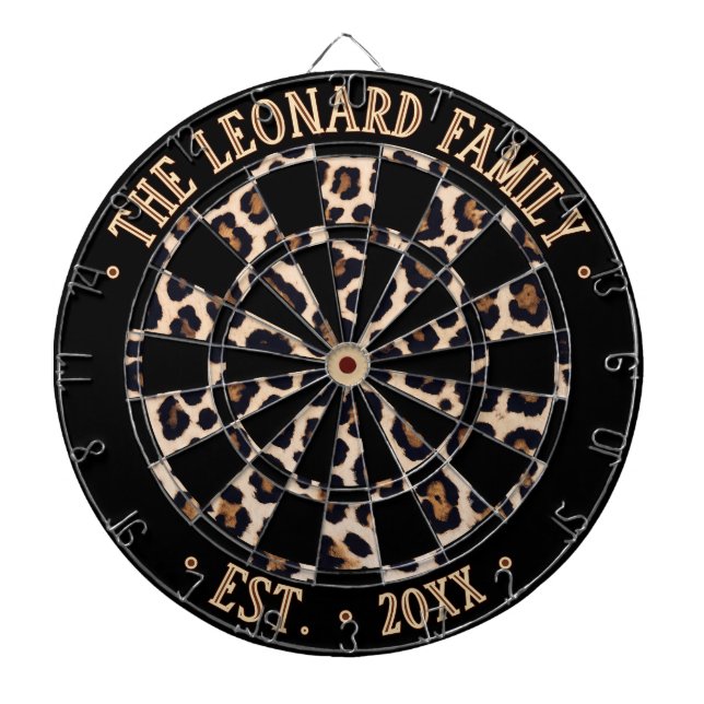 Custom Name Black & Leopard Animal Print Pattern Dartboard (Front)