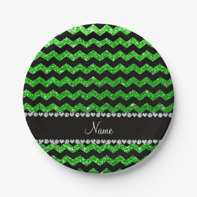 Custom name black lime green glitter chevrons paper plate (Front)