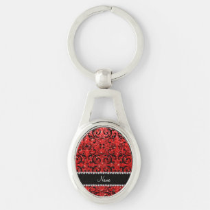Custom name black neon red glitter damask keychain