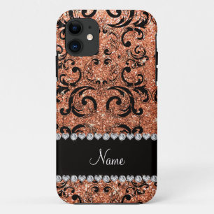 Custom name black pastel orange glitter damask iPhone 11 case