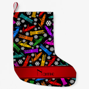 Custom name black rainbow bobsleigh snowflakes small christmas stocking