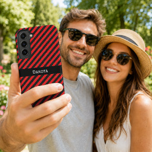Custom Name Black & Red Textured Diagonal Stripes Samsung Galaxy Case