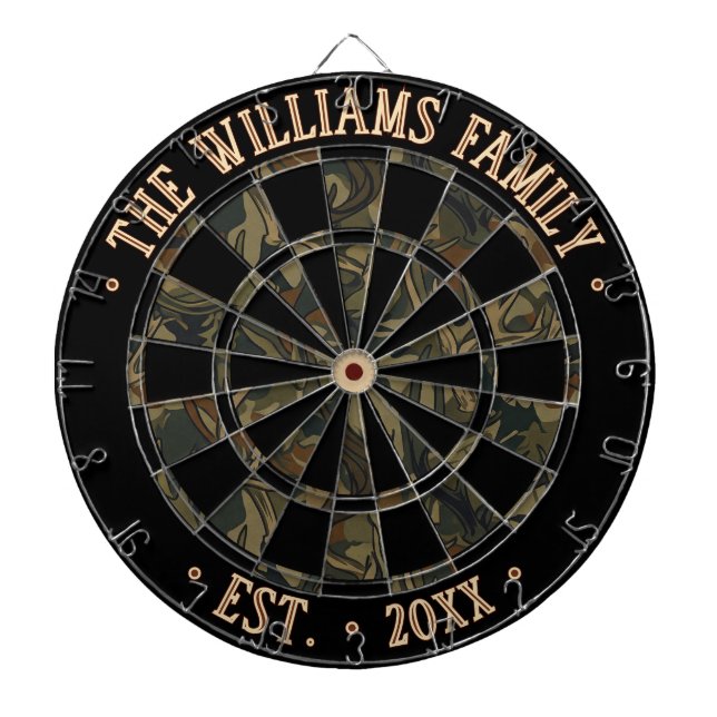 Custom Name Black & Rustic Camouflage Pattern Dartboard (Front)