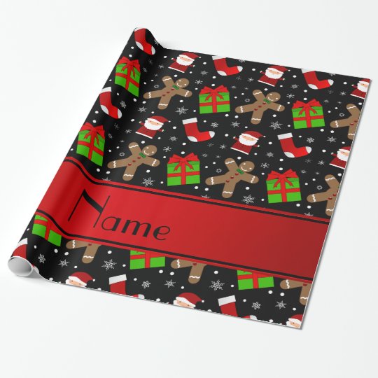 Custom name black santas gingerbread wrapping paper