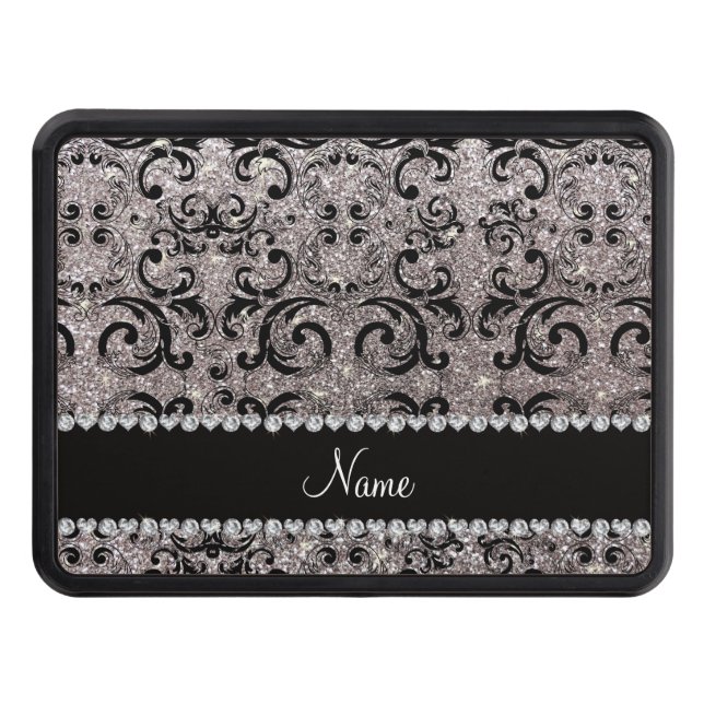 Custom name black silver glitter damask trailer hitch cover (Front)