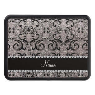 Custom name black silver glitter damask trailer hitch cover