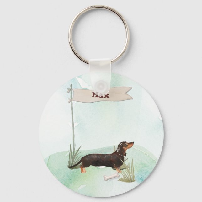 Custom Name Black & Tan Dachshund Pet Dog Keychain (Front)