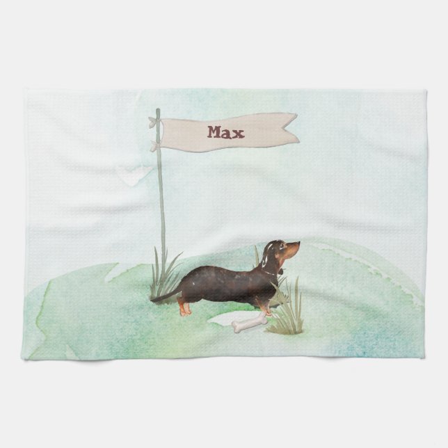 Custom Name Black & Tan Dachshund Pet Dog Kitchen Towel (Horizontal)