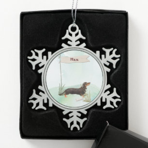Custom Name Black & Tan Dachshund Pet Dog Snowflake Pewter Christmas Ornament