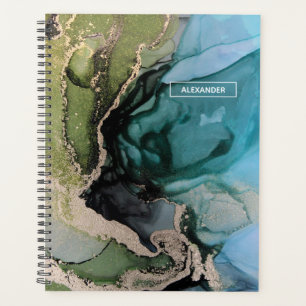 Custom Name Black Teal Green Gold Abstract Planner