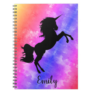 Custom Name Black Unicorn Rainbow Sky Notebook
