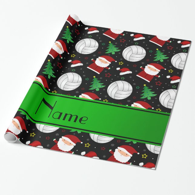 Custom name black volleyball christmas pattern wrapping paper (Unrolled)