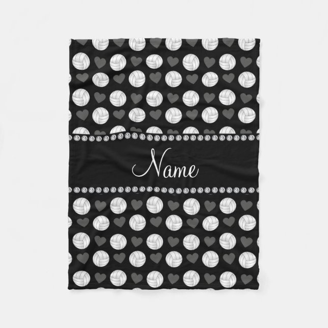 Custom name black volleyballs and hearts fleece blanket (Front)