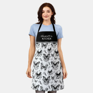 Custom Name Black White Butterfly Pattern Apron