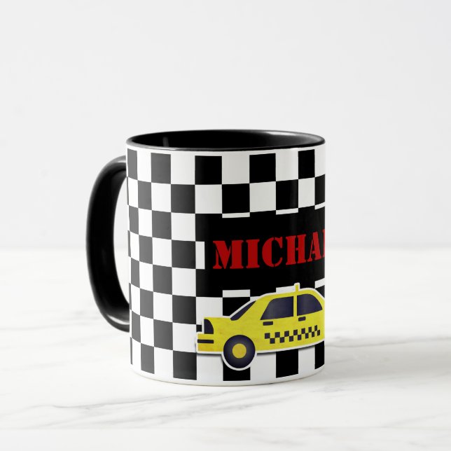 Custom Name Black/White Chequerboard Yellow Taxi Mug (Front Left)