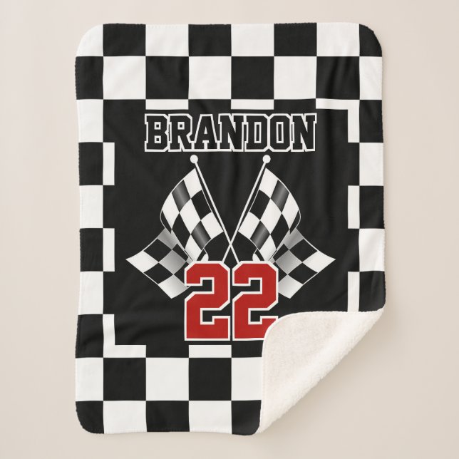 Custom Name Black White Chequered Flags Pattern Sherpa Blanket (Front)
