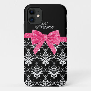 Custom name black white damask pink glitter bow iPhone 11 case