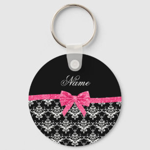 Custom name black white damask pink glitter bow keychain