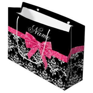 Custom name black white damask pink glitter bow large gift bag
