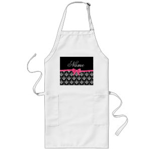 Custom name black white damask pink glitter bow long apron