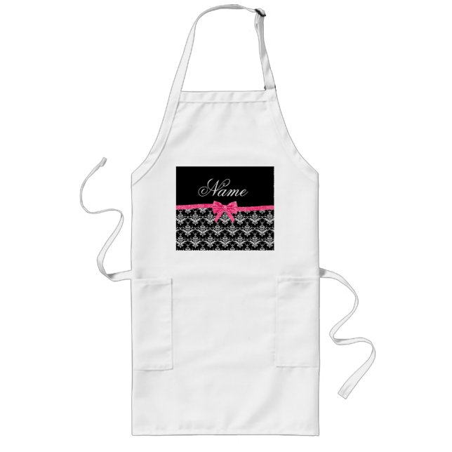Custom name black white damask pink glitter bow long apron (Front)
