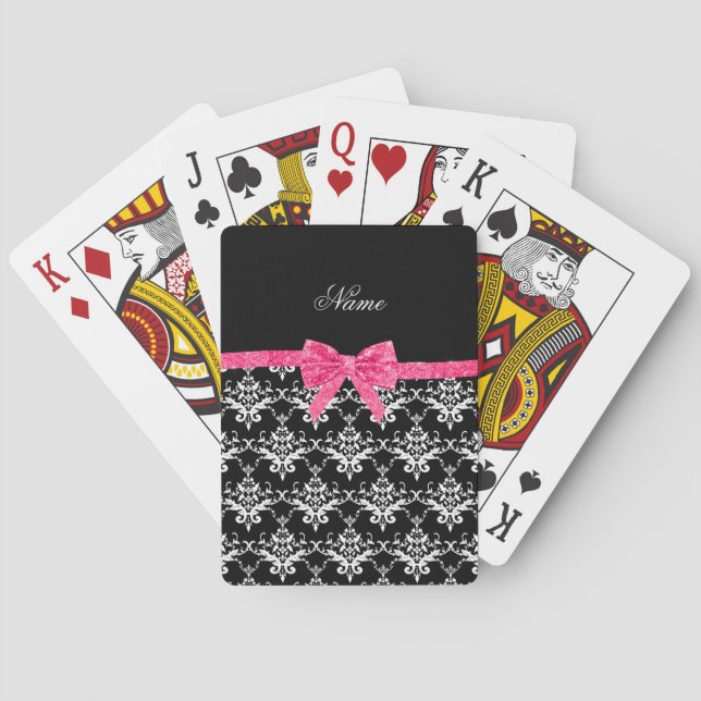 Custom name black white damask pink glitter bow playing cards (Back)