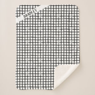 Custom Name Black & White Doodle Plaid Pattern Sherpa Blanket