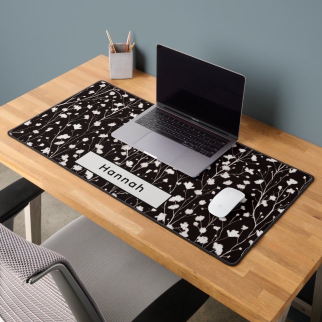 Custom Name Black White Floral Gift for Her Cute Desk Mat (Office 2)