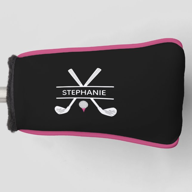 Custom Name Black White Pink Golf Head Cover (Front)
