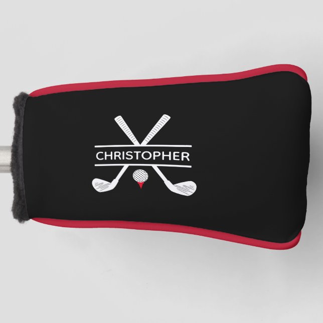 Custom Name Black White Red Golf Head Cover (Front)