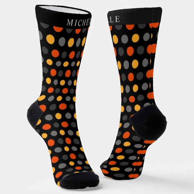 Custom Name Black Yellow Orange Grey Polka Dot Socks (Angled)