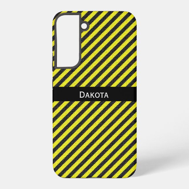 Custom Name Black Yellow Textured Diagonal Stripes Samsung Galaxy S22+ Case (Back)
