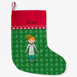 Custom name blonde girl doctor green trees small christmas stocking