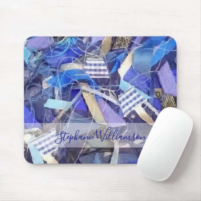 Custom Name Blue Abstract Maximalist Stripes  Mouse Pad (With Mouse)