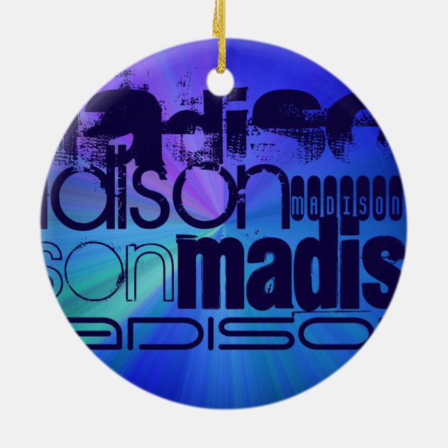 Custom Name; Blue & Abstract Purple, Green, Blue Ceramic Ornament (Back)