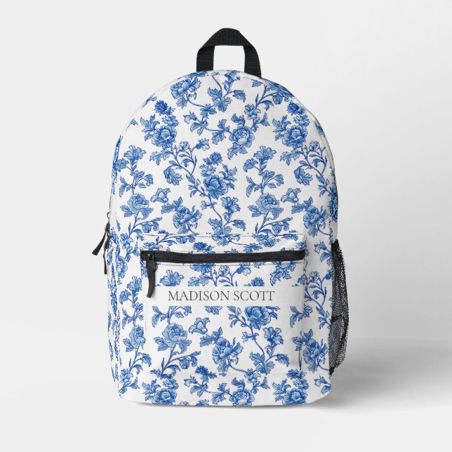 Custom Name Blue and White Floral Printed Backpack (Front)