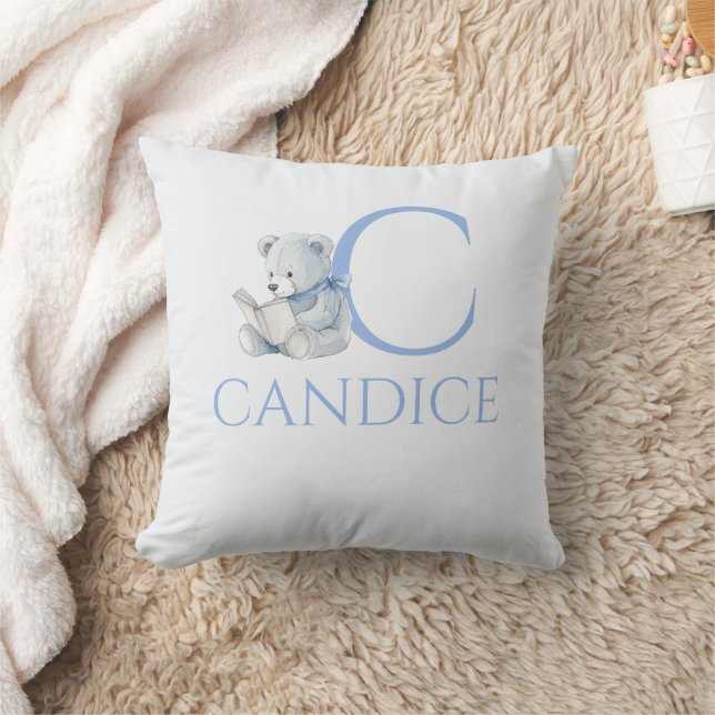 Custom Name Blue bear reading a book Throw Pillow (Blanket)