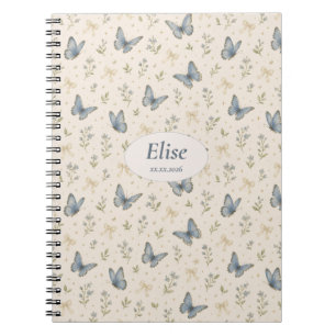 Custom Name Blue Butterfly Bow Vintage Floral Gift Notebook