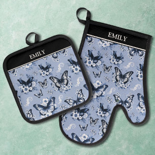 Custom Name Blue Butterfly Pattern Oven Mitt & Pot Holder Set