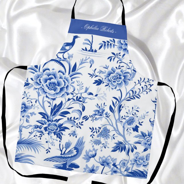 Custom Name Blue Chinoiserie Floral Kitchen Apron (Creator Uploaded)