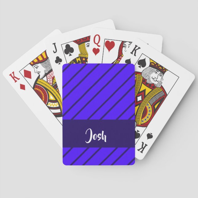 Custom name blue diagonal stripes playing cards (Back)