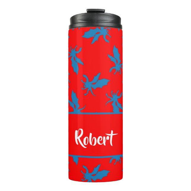 Custom name blue dragons on red thermal tumbler (Front)