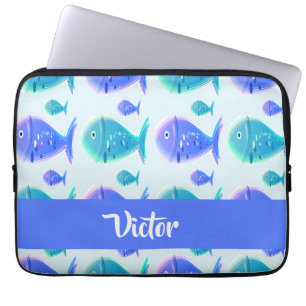 Custom name blue fish laptop sleeve