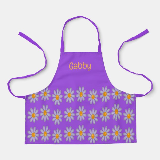 Custom name blue flowers on purple apron (Front)