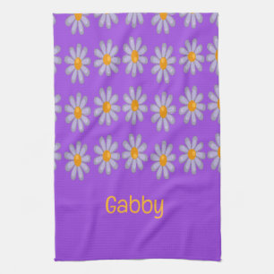 Custom name blue flowers on purple kitchen towel