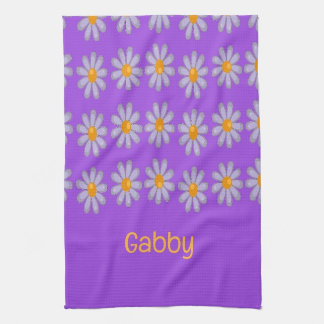 Custom name blue flowers on purple kitchen towel (Vertical)