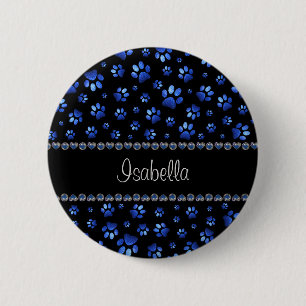 Custom name, blue glitter dog paws 2 inch round button